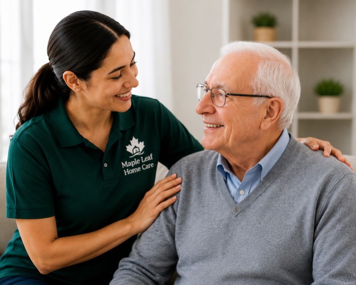 A Maple Leaf Home Care caregiver sharing a warm moment with a senior client